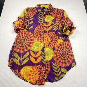 Bam Bam Boho Button Shirt Retro Floral Mod Print 3/4 Sleeve Festival Blouse L